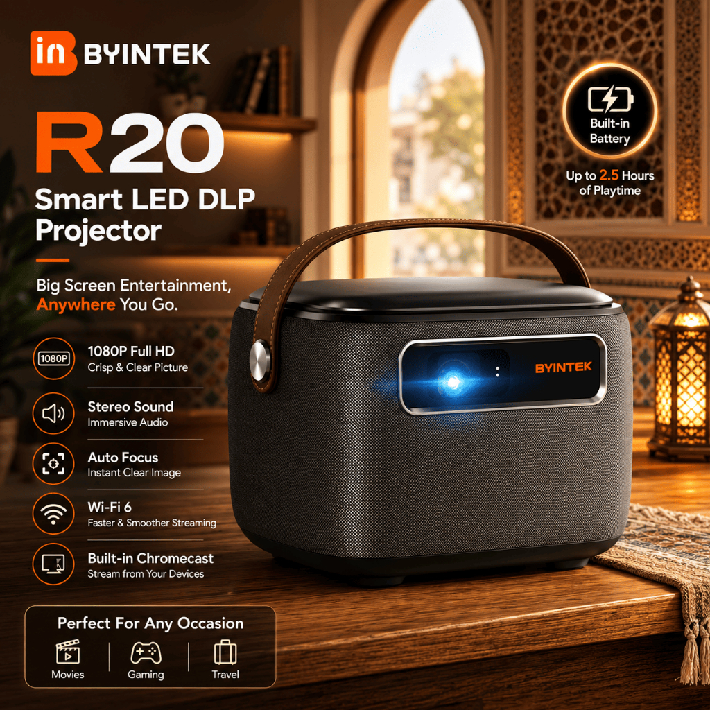 BYINTEK R20 Max Proyektor Portable 720P 4K Android 11 dengan Baterai 15.600mAh untuk Hiburan Rumah &