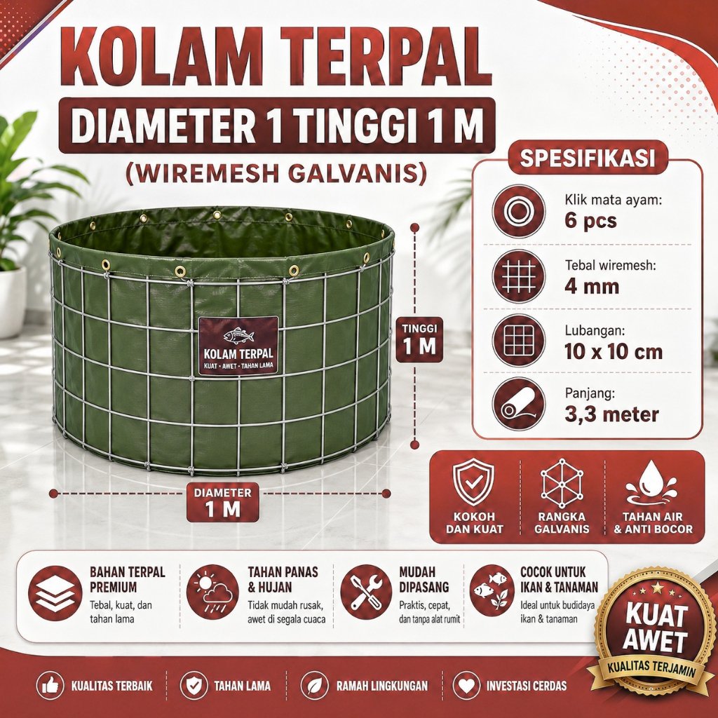 Kolam Terpal Bioflok Bulat Diameter 1M 1,5M 2M Tinggi 1M Kolam Ikan Lele Nila Gurame Koi Patin Mujai