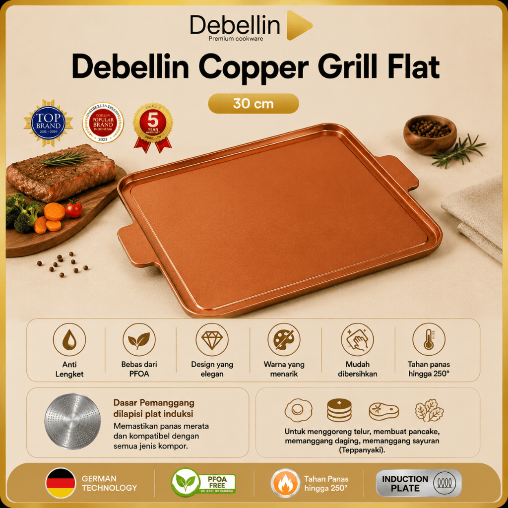 Debellin COPPER GRILL 30 x 30 CM Flat Anti Lengket Premium Pemanggang Barbeque BBQ Multifungsi