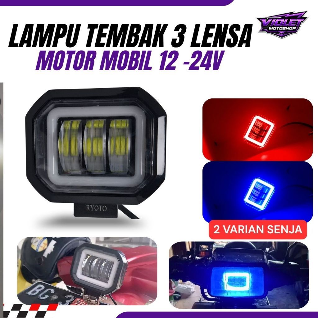 Lampu Tembak Motor LED CWL 3 Mata K30 Kotak Sorot 3 Lens