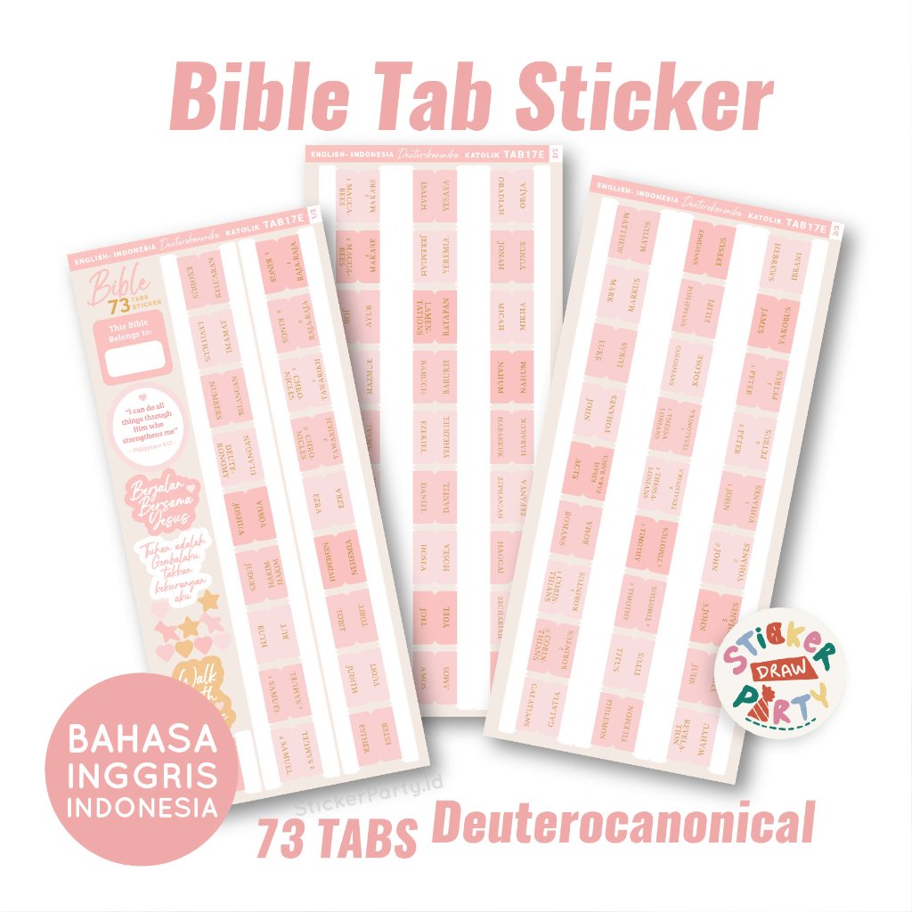 STICKERPARTY Stiker Label Nama Alkitab Kristen Katolik Deuterokanonika Warna Pink Bible Index Tab Ta