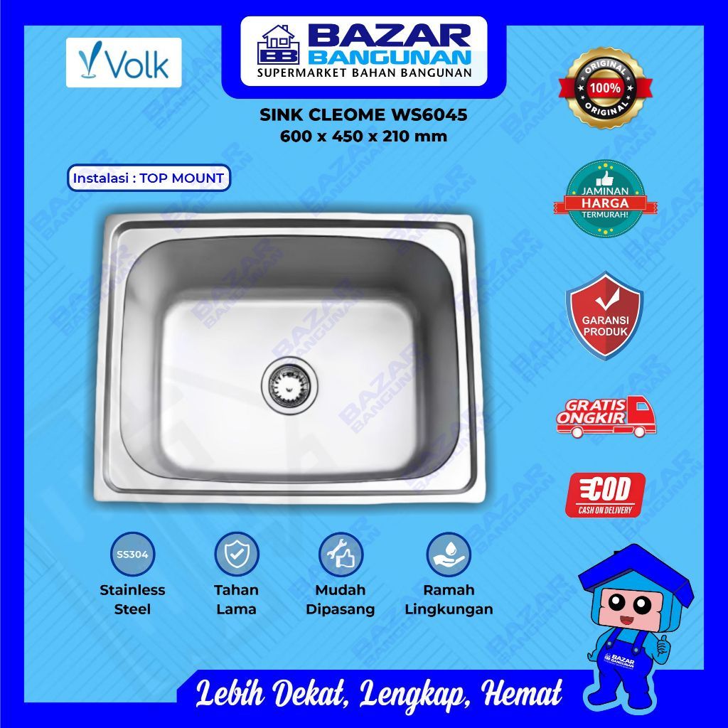 Volk - Kitchen Sink Wastafel Bak Cuci Piring Dapur Cleome Ws6045 Ws 6045 Stainless Steel Top Mount