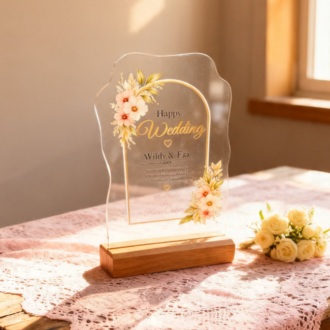 Plakat Akrilik Custom Nama &  Ucapan Happy Wedding  – Souvenir Pernikahan