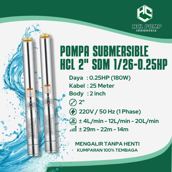 Submersible PUMP HCL 2'' 0.25 HP + Control Box + Kabel 25 Meter / Pompa HCL Kabel 25 Meter / Pompa S