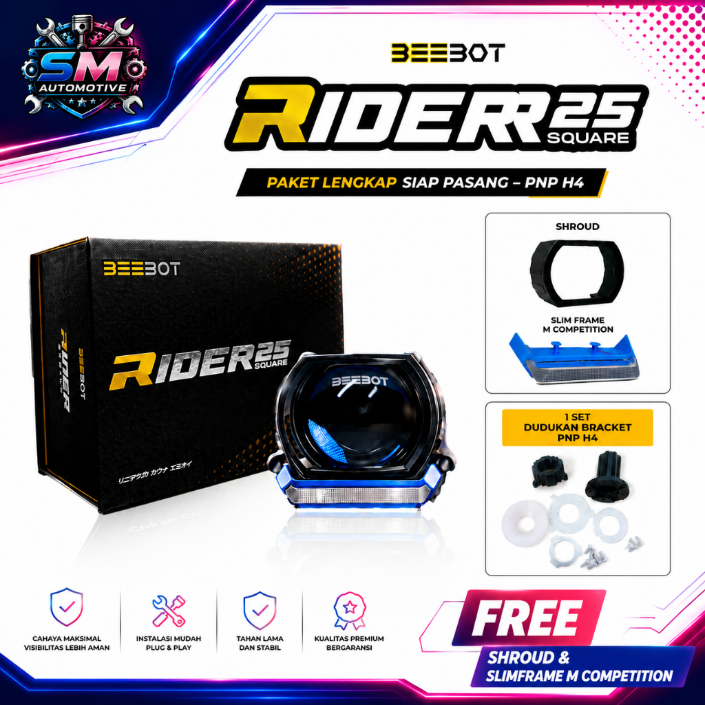 BEEBOT Biled H4 RIDER 25 Square 2.5” inch Bi-LED Projector H4 Free Shroud & Slim Frame M Competition