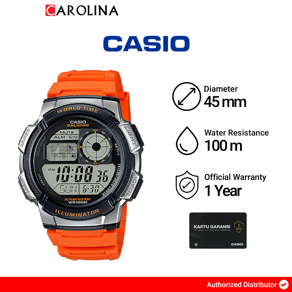 Jam Tangan Pria Casio General AE-1000W-4B 10 Year Battery Water Resistance 100M Orange Resin Band