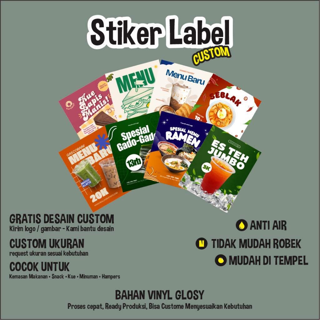 Stiker Label Produk Makanan Custom | Logo Makanan Snack Kue Minuman | Label Stiker Persegi
