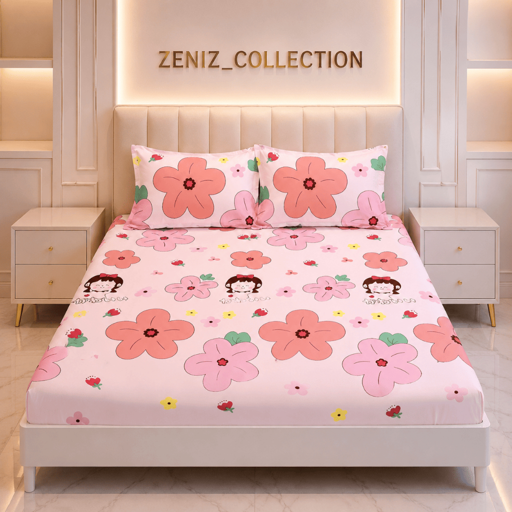 SPREI MOTIF CHIBBI FLOWER PINK // SPREI MOTIF BUNGA CANTIK LUCU