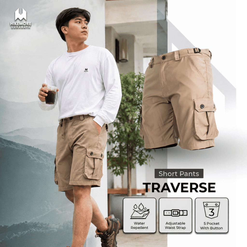 HIKEMORE SURABAYA - Celana Pendek Cargo Traverse Pria Wanita Oxford Quick Dry Water Repellent Hiking