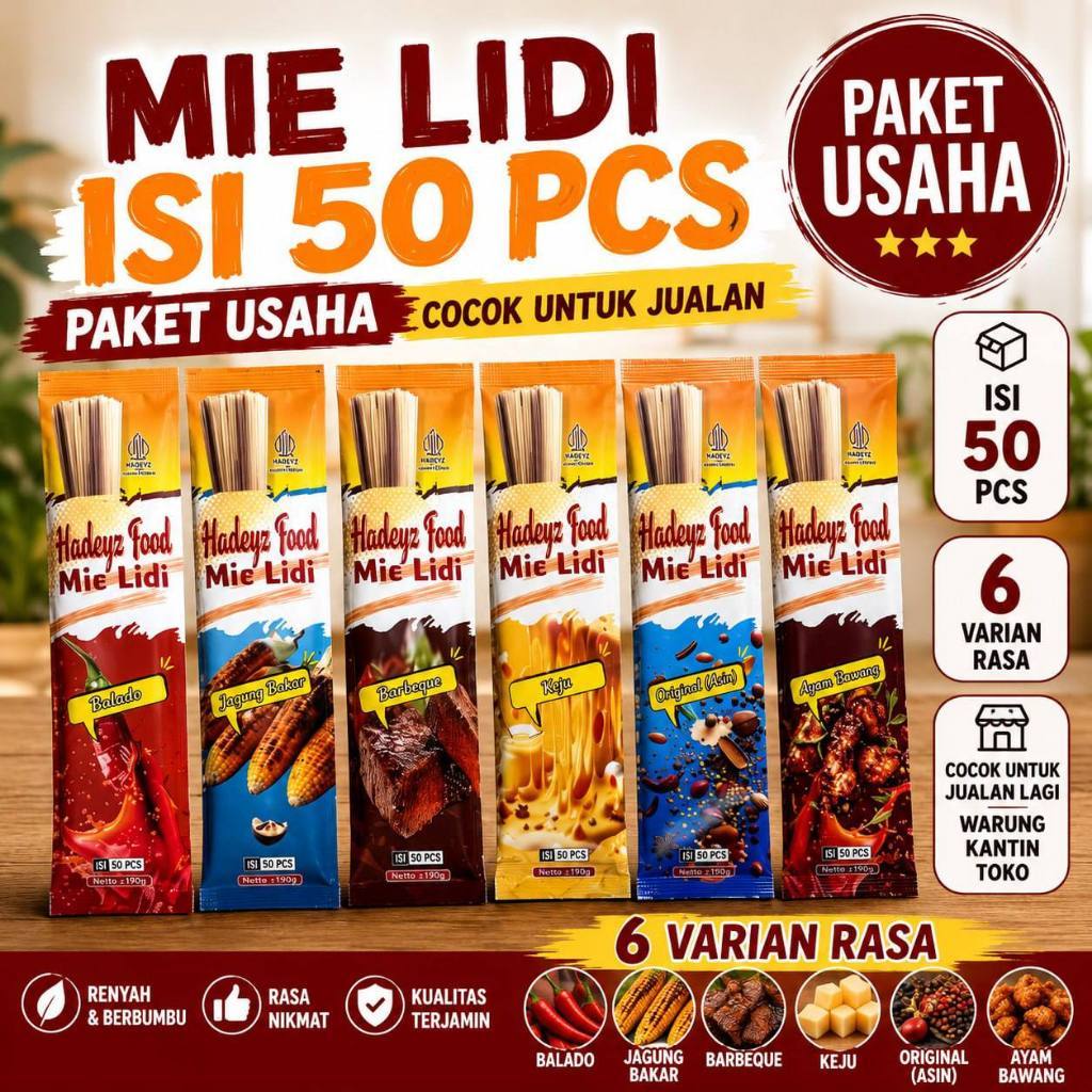 Mie Lidi Isi 50 Pcs Paket Usaha Jajanan Warung 6 Varian Rasa Snack untuk Jualan