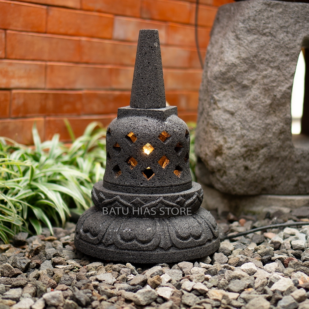 BATU HIAS Lampu Taman Stupa Candi Borobudur Lampion Hiasan Dekorasi Rumah Minimalis Batu Lava Asli D