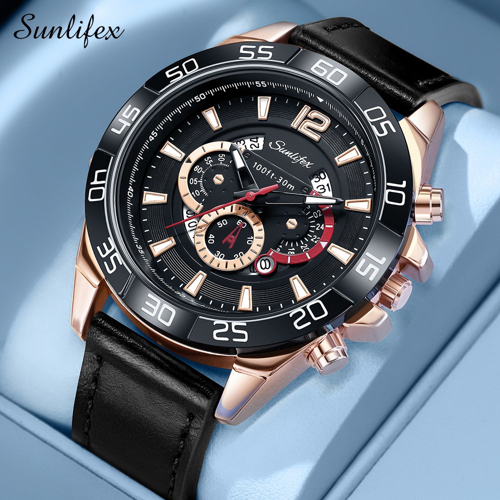 Sunlifex Jam Tangan Pria Original Olahraga Anti Air Pria Tali Kulit Kalender Luminous Jam Tangan Cow