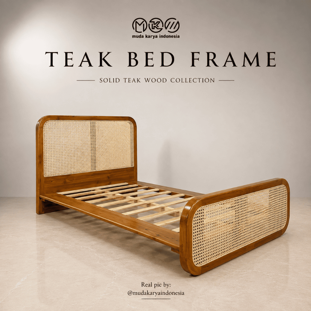 Dipan Jati Rotan Minimalis Modern | Ranjang Kayu Jati Solid Jepara Headboard Rotan