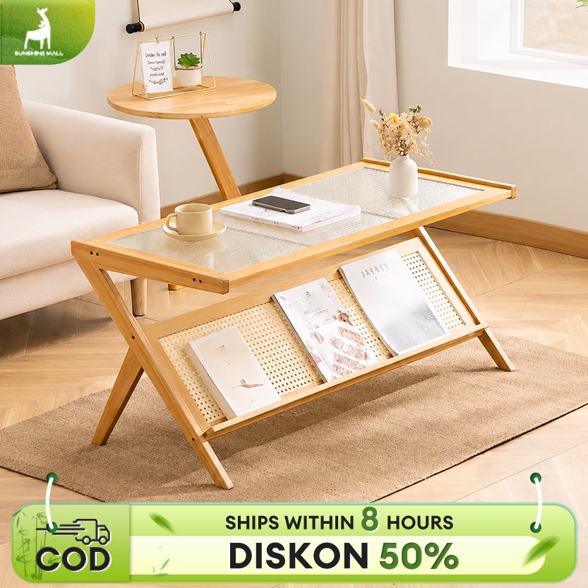 Meja Tamu Bambu Minimalis Rotan Meja Samping Sofa Rak Penyimpanan Dua Lapis Santai Meja Kopi Meja Be