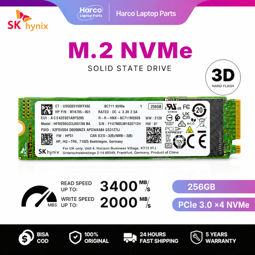 SSD NVMe SK hynix BC711 M.2 2280 128GB 256GB 3400MB/s Tahan Lama Garansi 3D NAND TLC untuk Laptop PC