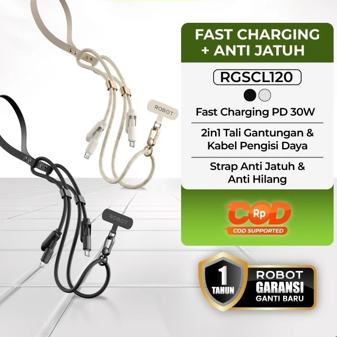 Charging Strap ROBOT RGSCC120 / RGSCL120 Type C to Tipe C to Lightning Fast Charger Stripe Tali HP K