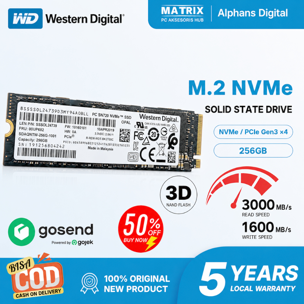 SSD NVMe  WD-SN720 256GB M.2 2280 3000MB/s 3D NAND TLC Garansi untuk Laptop PC  Kesehatan Tinggi Res