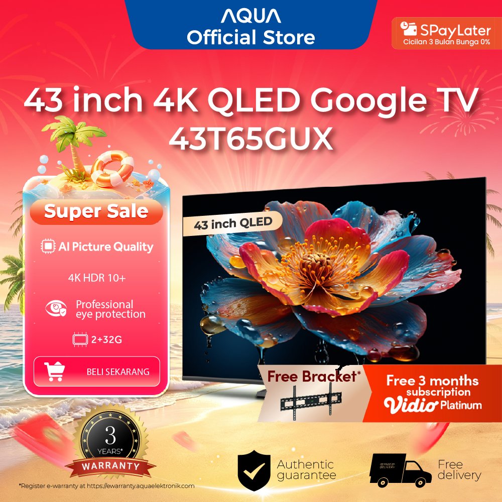 [New] AQUA Elektronik TV 43T65GUX -4K QLED-HDR 10-Google TV - AI picture quality- Dolby Audio- Googl