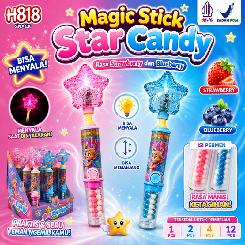 Magic Stick Star Candy– Permen Lolipop Bintang LED Lampu Menyala Rasa Buah | Permen Mainan Anak Unik