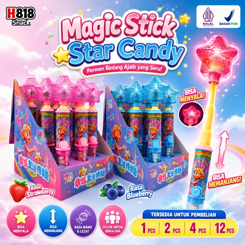 Magic Stick Star Candy– Permen Lolipop Bintang LED Lampu Menyala Rasa Buah | Permen Halal Mainan Ana