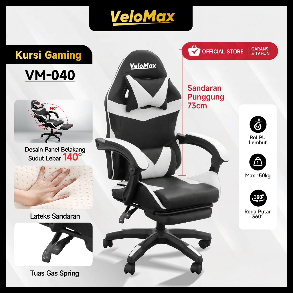 VeloMax  Kursi Komputer Dengan Fungsi Sandaran Dan Sandaran Kaki Kursi Gaming