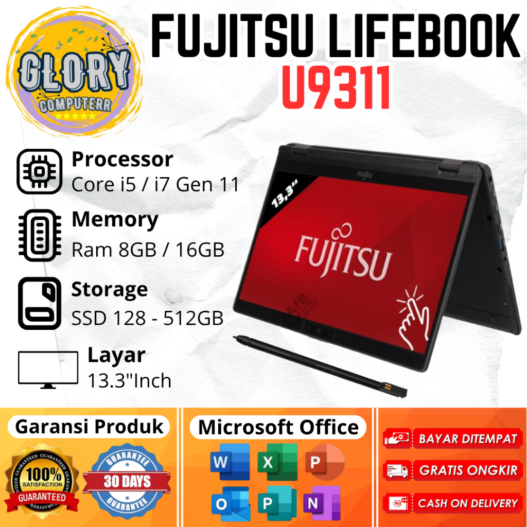 Laptop Fujitsu Lifebook U9311 Core i5 / i7 Gen 11 Ram 8GB SSD 128GB / 256GB / 512GB, Layar 13.3"Inch