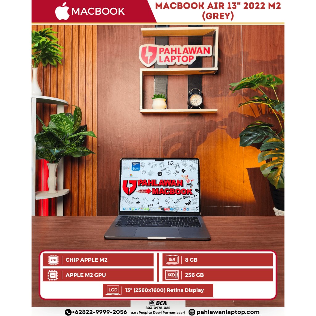 APPLE MACBOOK AIR 13" 2022 M2 Chip APPLE M2 /RAM 8 GB/SSD 256 GB/Ukuran Layar 13"