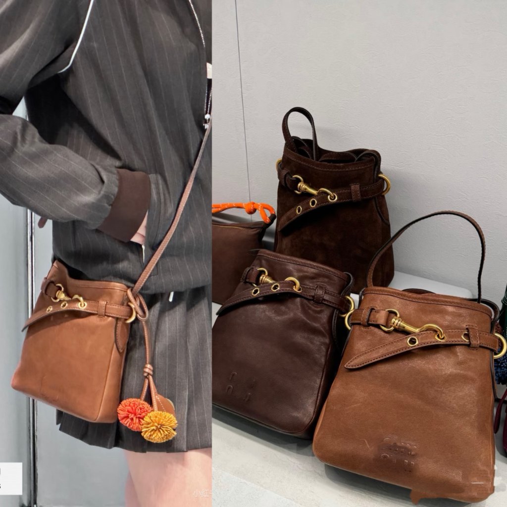 Vintage Original Cowhide Bucket Bag MIU Mini Genuine Leather Crossbody Bag Aged‑Hardware Phone Pouch