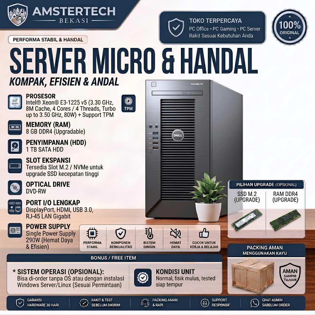 PC Server Dell PowerEdge T30 Microtower – Intel Xeon E-1225v5 / RAM 8GB / VARIAN SSD / Ready 24 Jam 