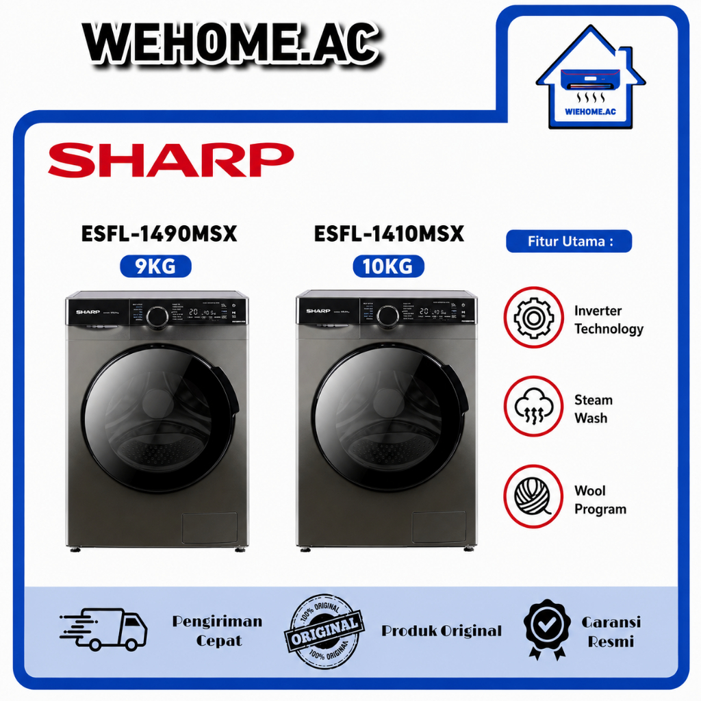 Mesin Cuci Sharp 1 Tabung ESFL-1490MSX (9KG)/ESFL-1410MSX (10KG) Mesin Cuci 1 Tabung Front Loading S