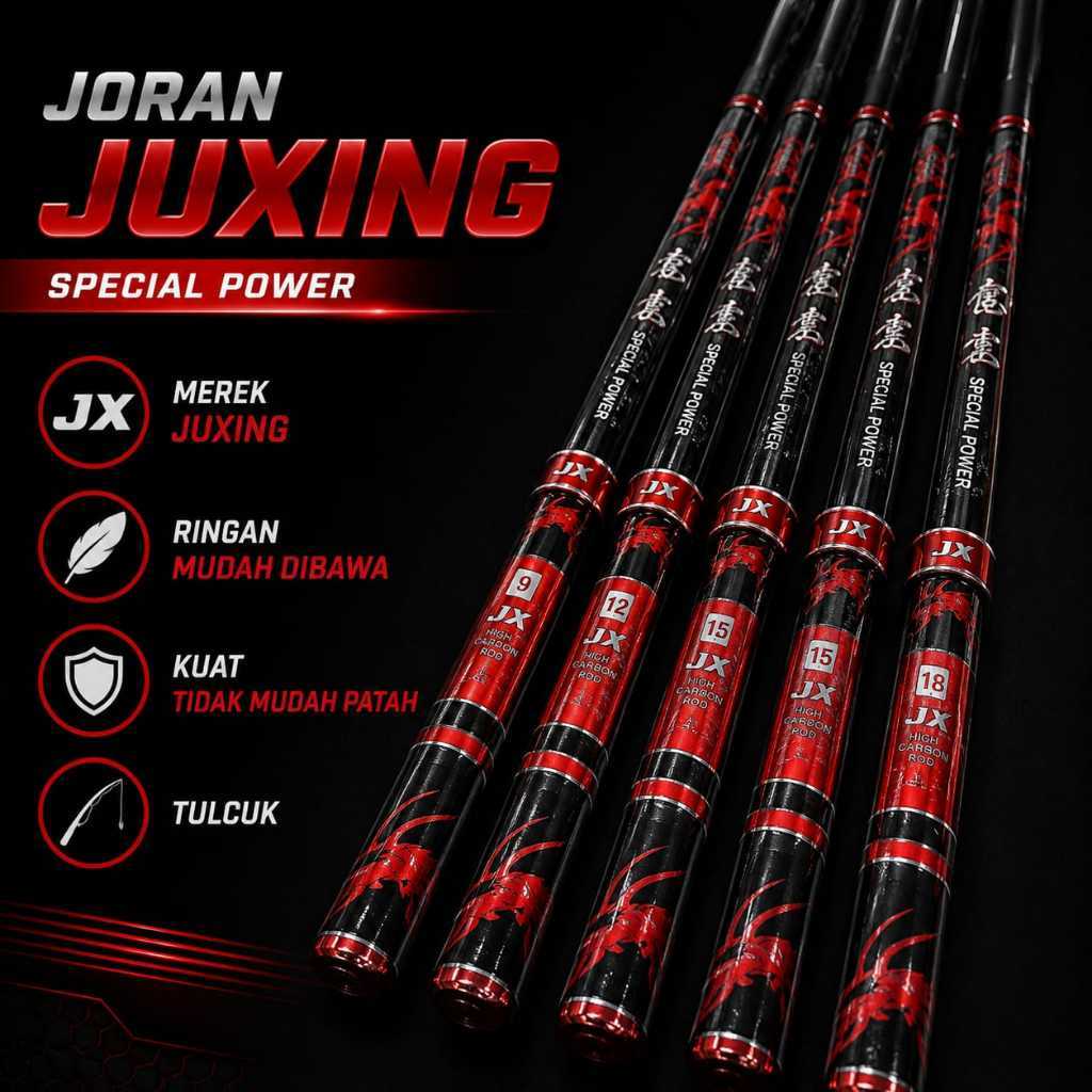 Joran Tongkat Pancing JUXING JX Special Power Tulcuk Karbon ROO warna hitam merah