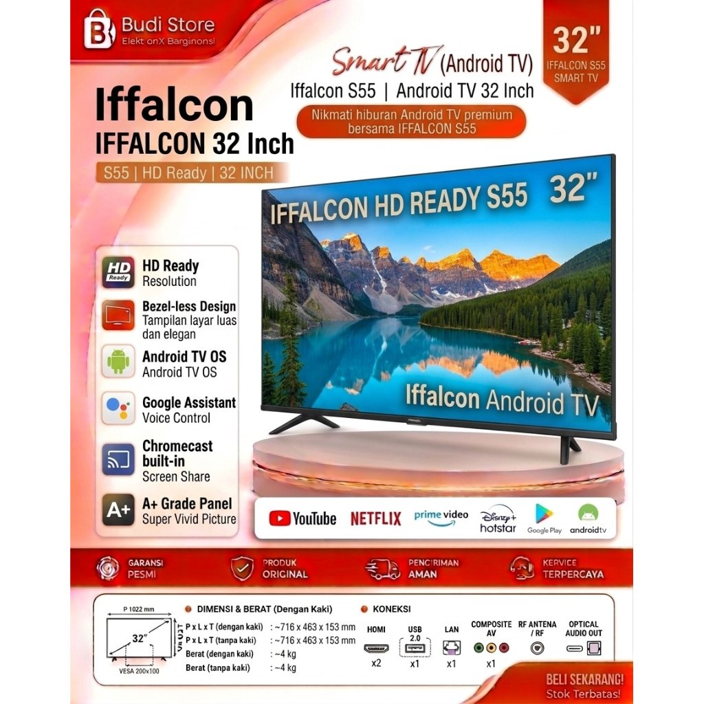 Iffalcon S55 Smart Android TV 32 Inci FHD Tanpa Bezel, Wide Color, Dolby Audio EX display