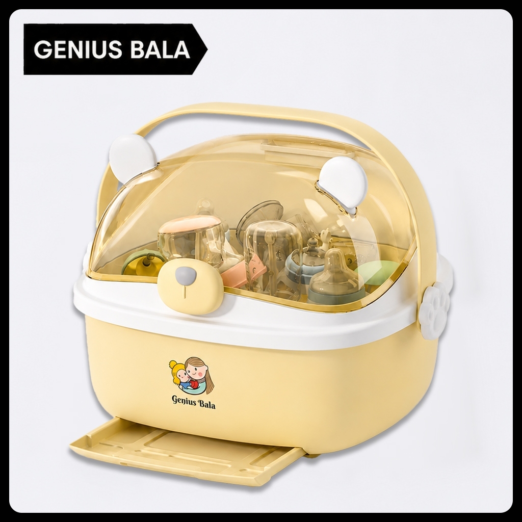 Genius Bala Rak Pengering Botol Susu Bayi Box Anti Debu Food Grade PP Baki Air Tarik Kapasitas Besar