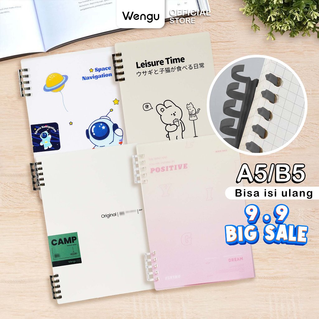WENGU Notebook Bergaris A5/B5 Notebook Isi Ulang 60 Lembar 360° Aesthetic - HC