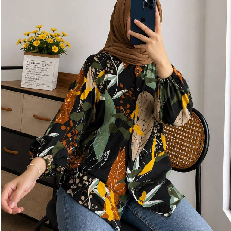 Blouse Wanita Motif Daun Lengan Panjang Kancing Depan Gaya Kasual -Kemeja Rayon Motif Bunga Terbaru