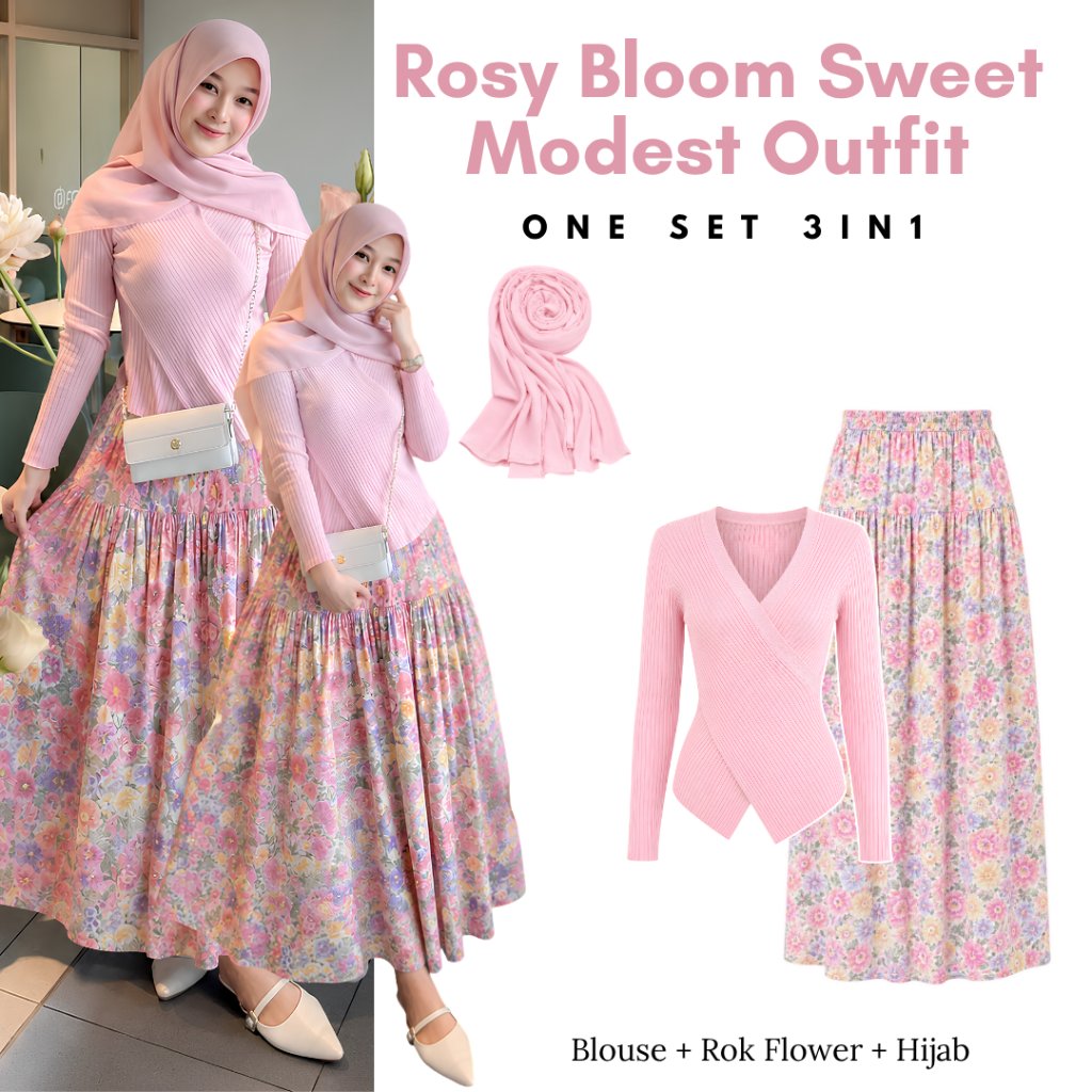 Rosy Bloom Sweet Modest Outfit Set 3in1 ( Rok Flower Pink + Jiso Blouse Rajut Dusty + Bella Square D