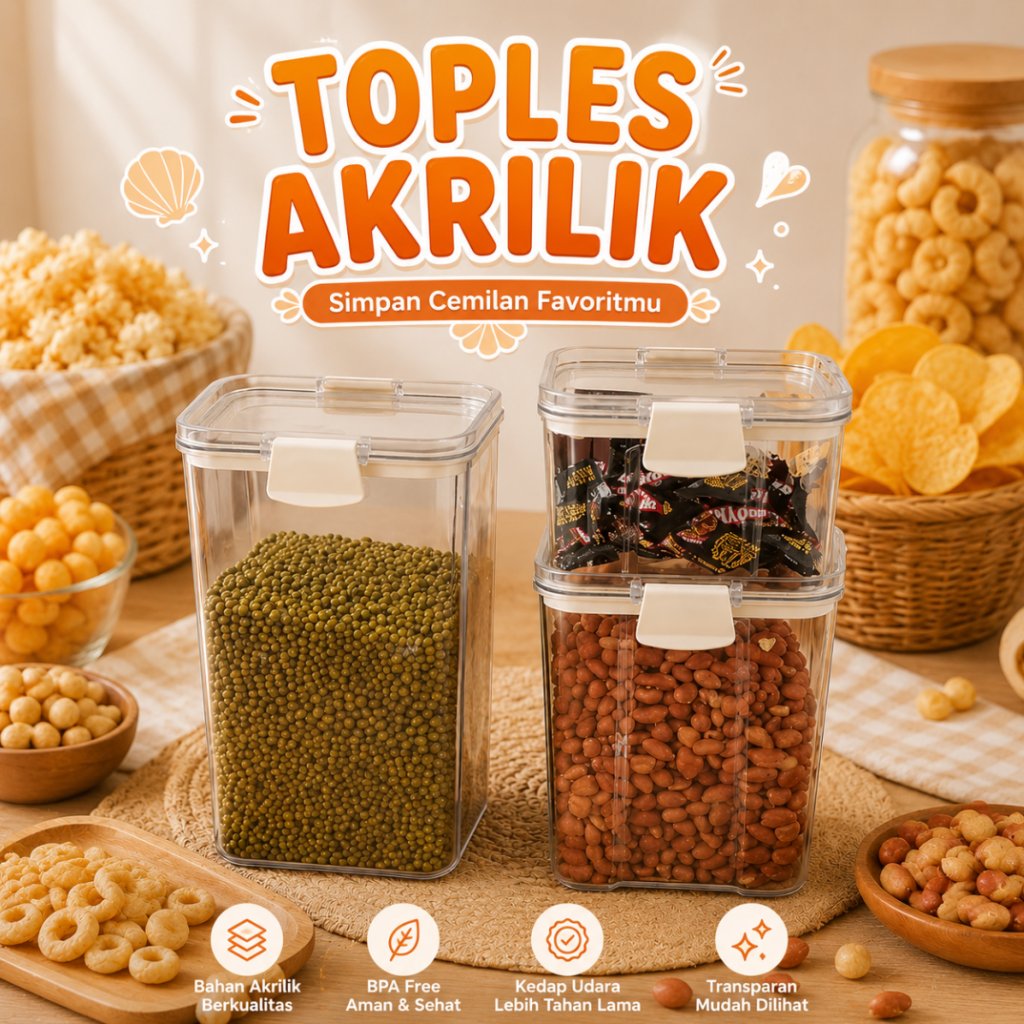 Toples Akrilik Food Container - Toples Kedap Udara Kotak Bening untuk Kue Kering