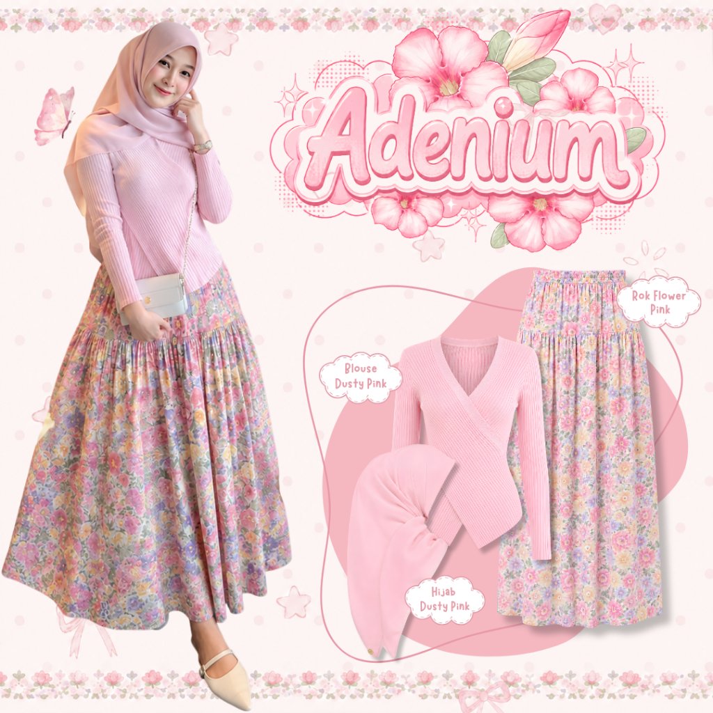 Rosy Bloom Sweet Modest Outfit Set 3in1 ( Rok Flower Pink + Jiso Blouse Rajut Dusty + Bella Square D