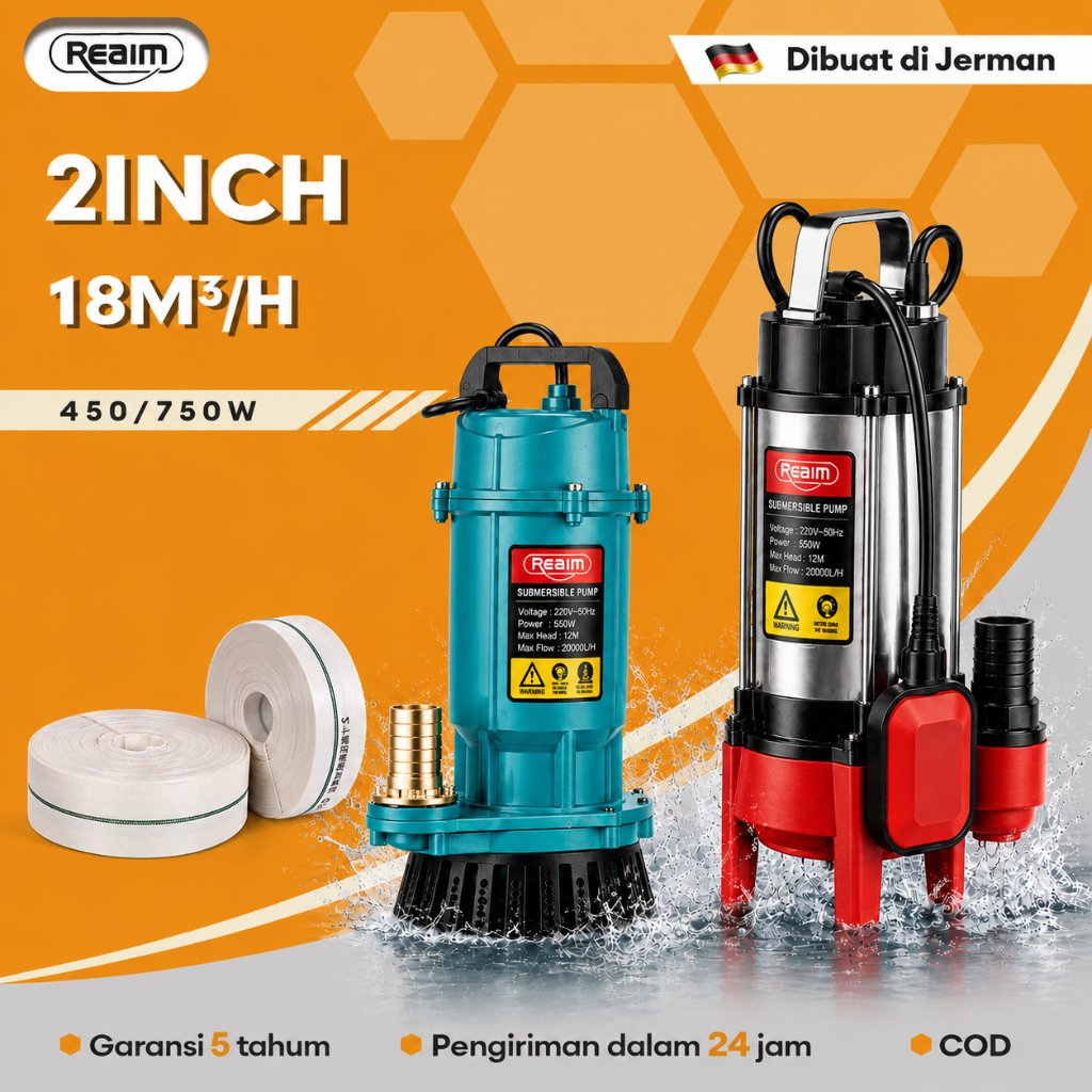 REAIM Pompa Air Celup 1/2 inch Stainless Submersible Pump Pompa Kolam Submersible Pompa Listrik