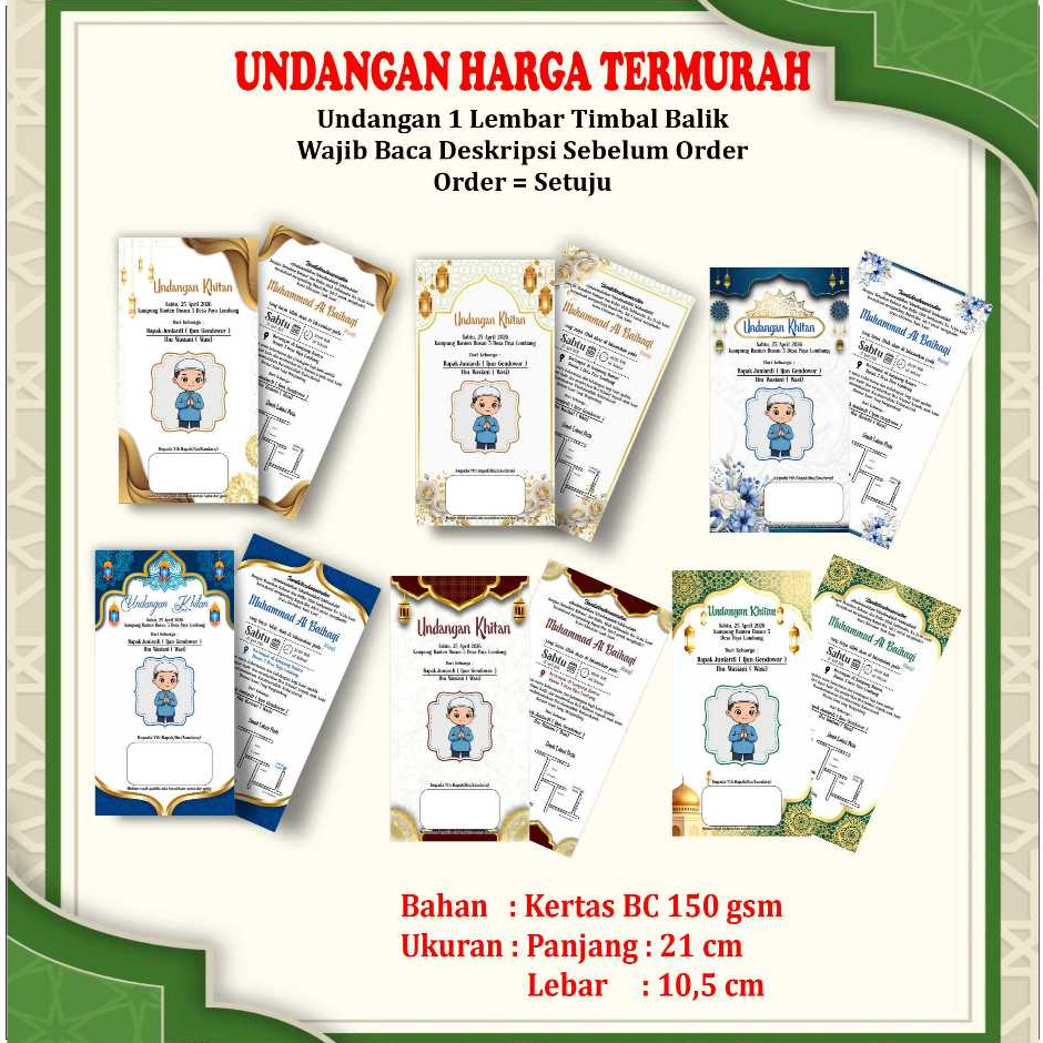 Undangan Kitan 1 Lembar Timbal Balik Undangan Islam Anak Laki-Laki Bahan Kertas BC 150 gsm