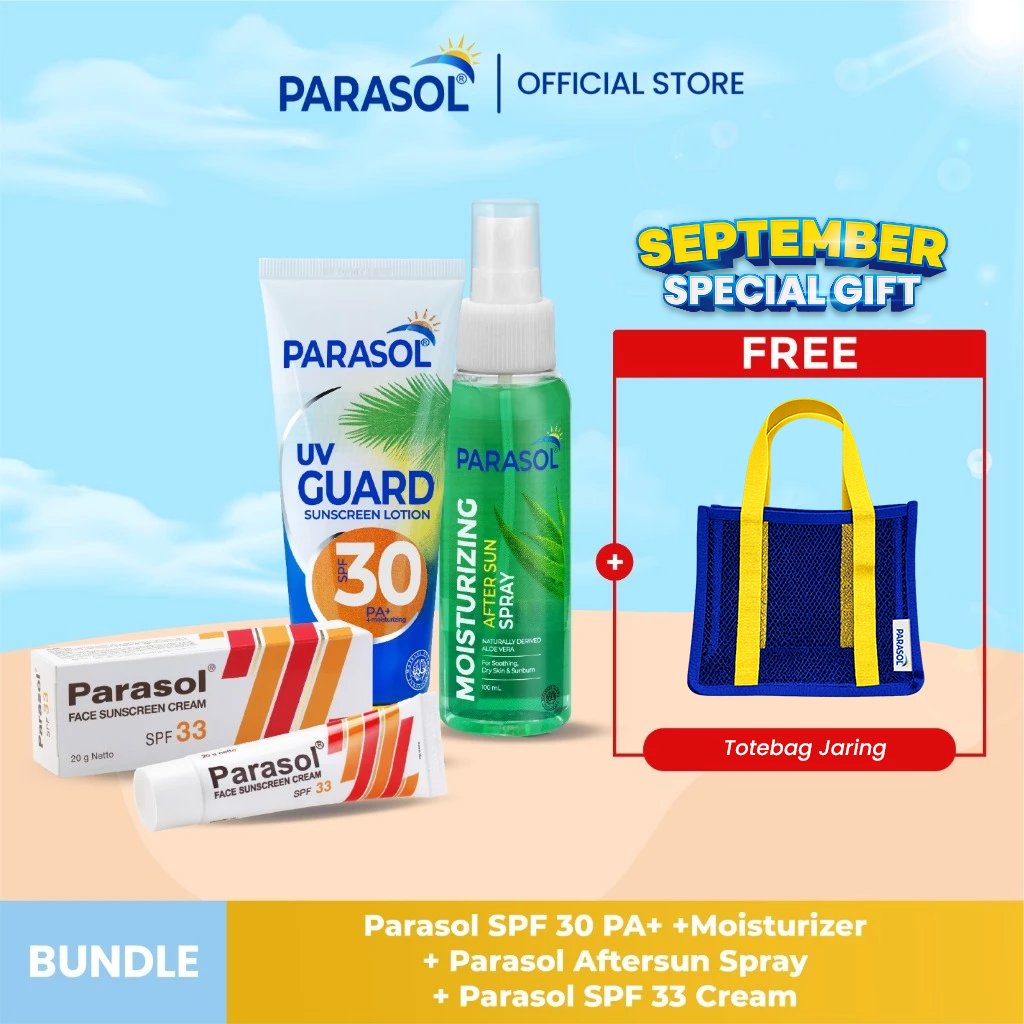 Paket Parasol Lotion SPF30 100gr + Parasol Cream Sunscreen SPF33 20gr + Parasol AfterSun Spray 100ML