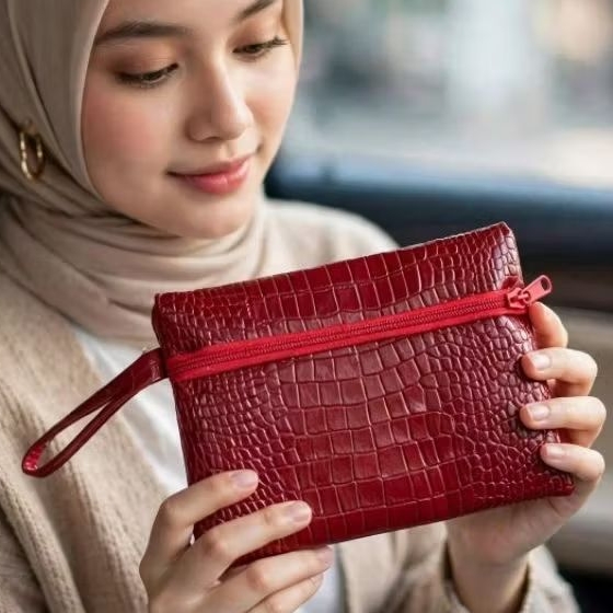 Dompet lipat wanita merah motif kulit crocodile dengan resleting dan tali gantung
