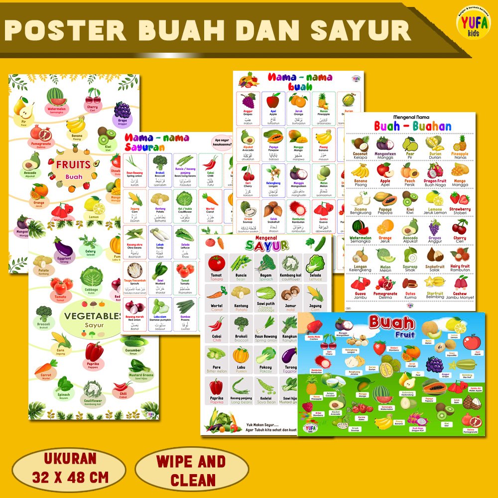 Poster Buah dan Sayur YUFA Kids Ukuran 32 x 48 CM Wipe and Clean Edukasi Anak - poster buah buahan -