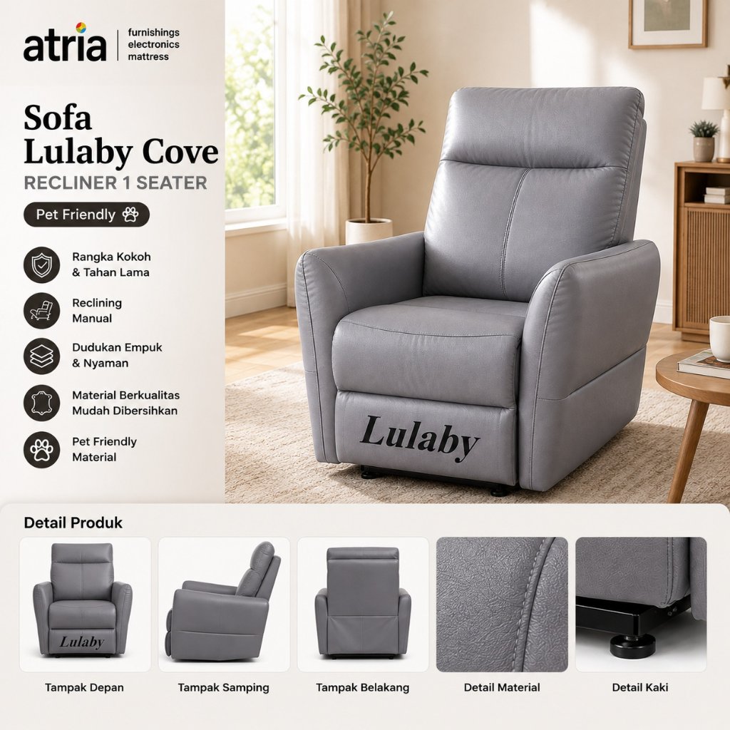 Atria Sofa Lulaby Cove Recliner 1 Seater Pet Friendly Grey