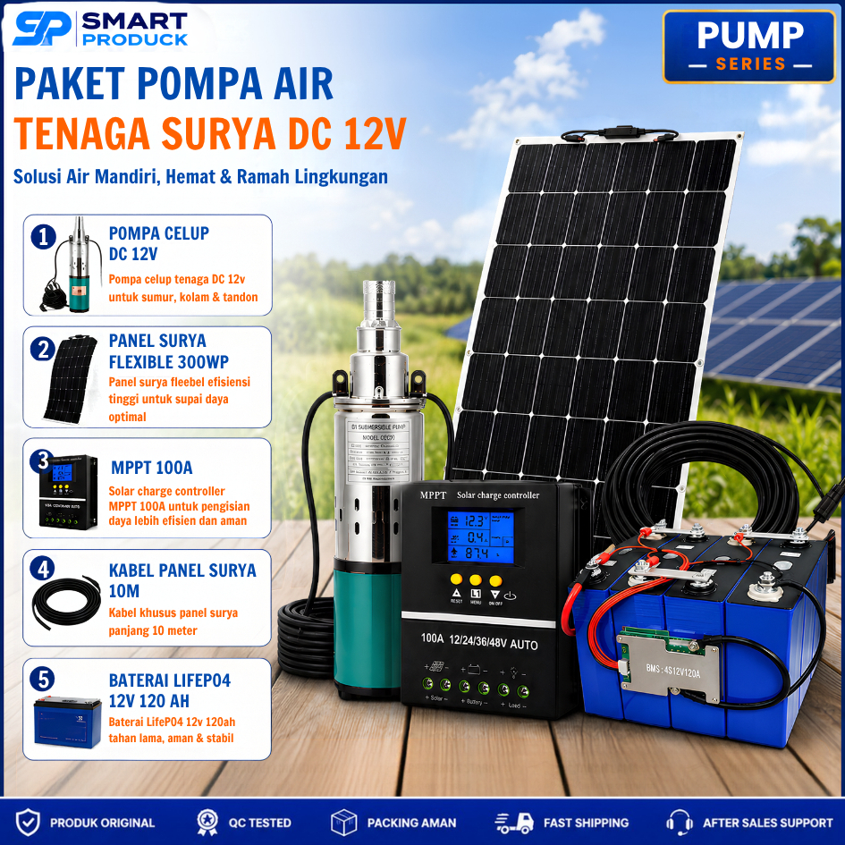 Pompa Air Tenaga Surya DC 12V 300WP Panel Flexible Baterai LiFePO4 120Ah MPPT 100A Paket Lengkap