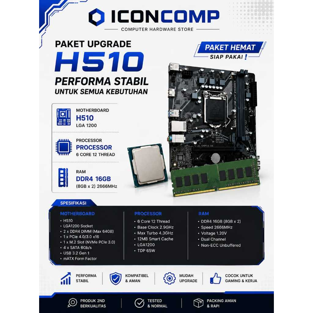 PAKET MOBO GIGABYTE H510 + i5 10400F + RAM 16GB