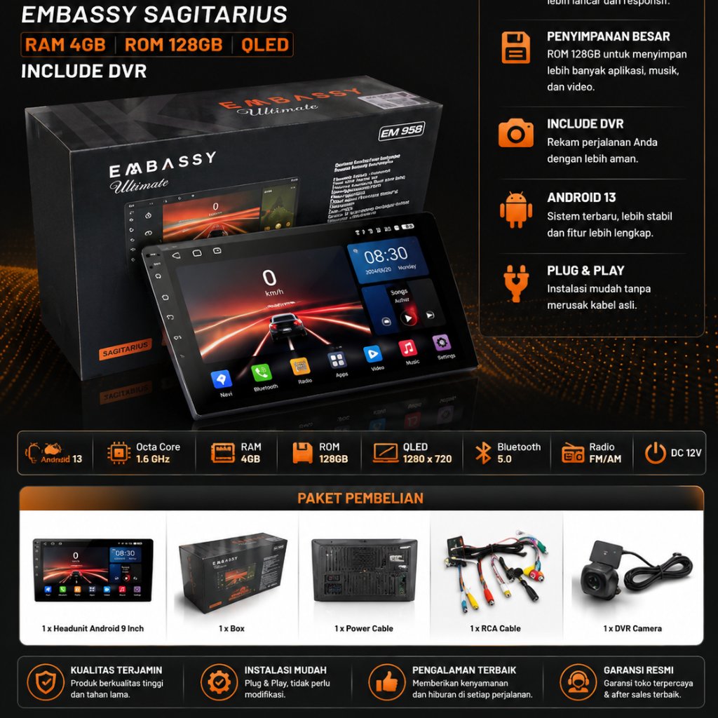 Headunit Android 9 inch Embassy Sagitarius RAM 4/128 GB Qled Include DVR