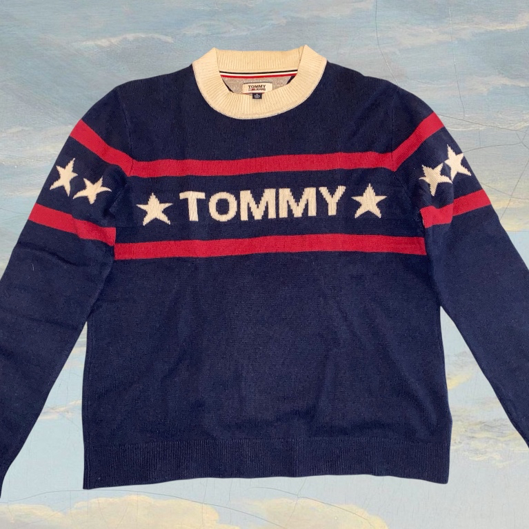 RARE Tommy Jeans by Tommy Hilfiger Wool Knit Sweater Navy Red Cream Star Details