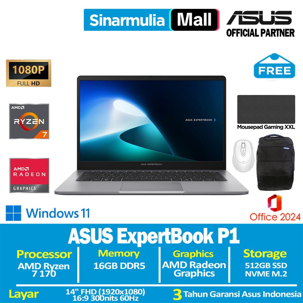 ASUS ExpertBook P1 PM1403CDA Ryzen 7 170 512GB SSD 16GB FHD Win11+OHS