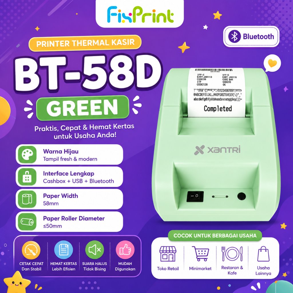 FixPrint Printer Xantri BT-58D Pink Green Black White / MP-58XC / ZJ5809II Printer Kasir Portable St